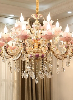 欧式轻奢紫色水晶客厅卧室餐厅子母吊灯个性创意法式大气蜡烛灯具