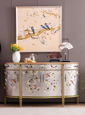 法式彩绘花鸟银色入户实木半圆型别墅欧式美式新中式玄关装饰柜子