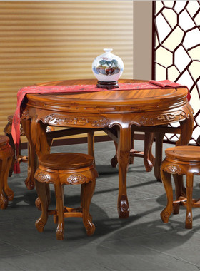 中式楠木家具餐厅家具圆桌七件套明清仿古实木餐桌圆凳成套家具