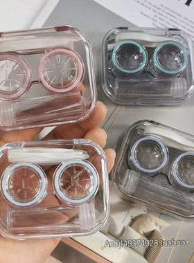 简约小巧隐形眼镜盒无需拧盖防漏一体便携式美瞳盒镊子透明护理盒