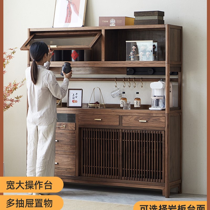 热销新中式实木餐边柜现代简约咖啡柜黑胡桃木柜子储物柜靠墙厨房
