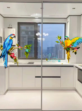 鹦鹉新中式厨房玻璃门防撞贴纸古典喜鹊客厅装饰浴室静电玻璃贴纸