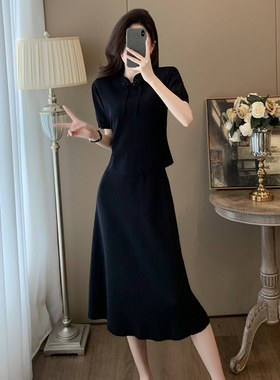 新中式国风高级感手工盘珠扣黑色套装裙女夏季新款百搭上衣半身裙