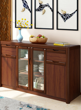 速发中式餐边柜窄型实木色酒柜茶水柜一体边柜靠墙厨房储物柜碗橱