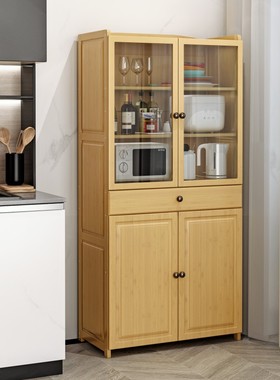 全竹碗柜家用厨房餐边柜透气储物柜实木橱柜微波炉置物架中式菜柜