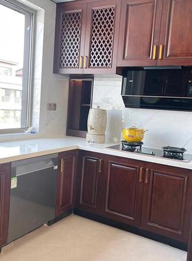 新中式实木橱柜餐边柜整体开放式厨房灶台石英石岩板台面全屋定制