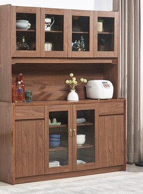 中式餐边柜胡桃色客厅茶水酒柜简约现代收纳置物柜实木色厨房碗柜