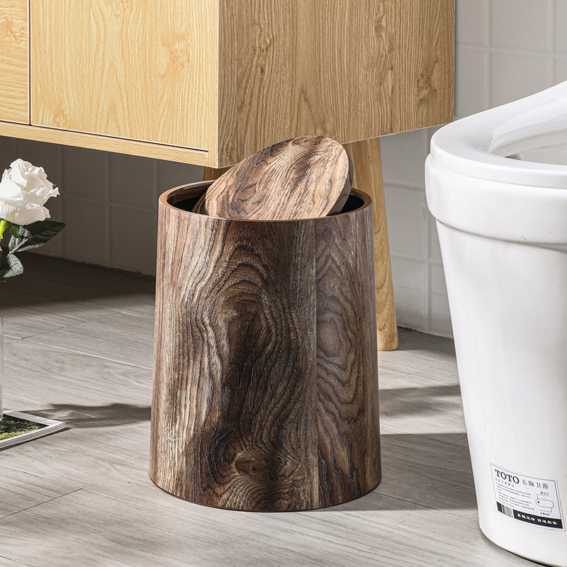 新中式复古仿木纹垃圾桶家用厨房厕所创意客厅卧室办公室大号轻奢