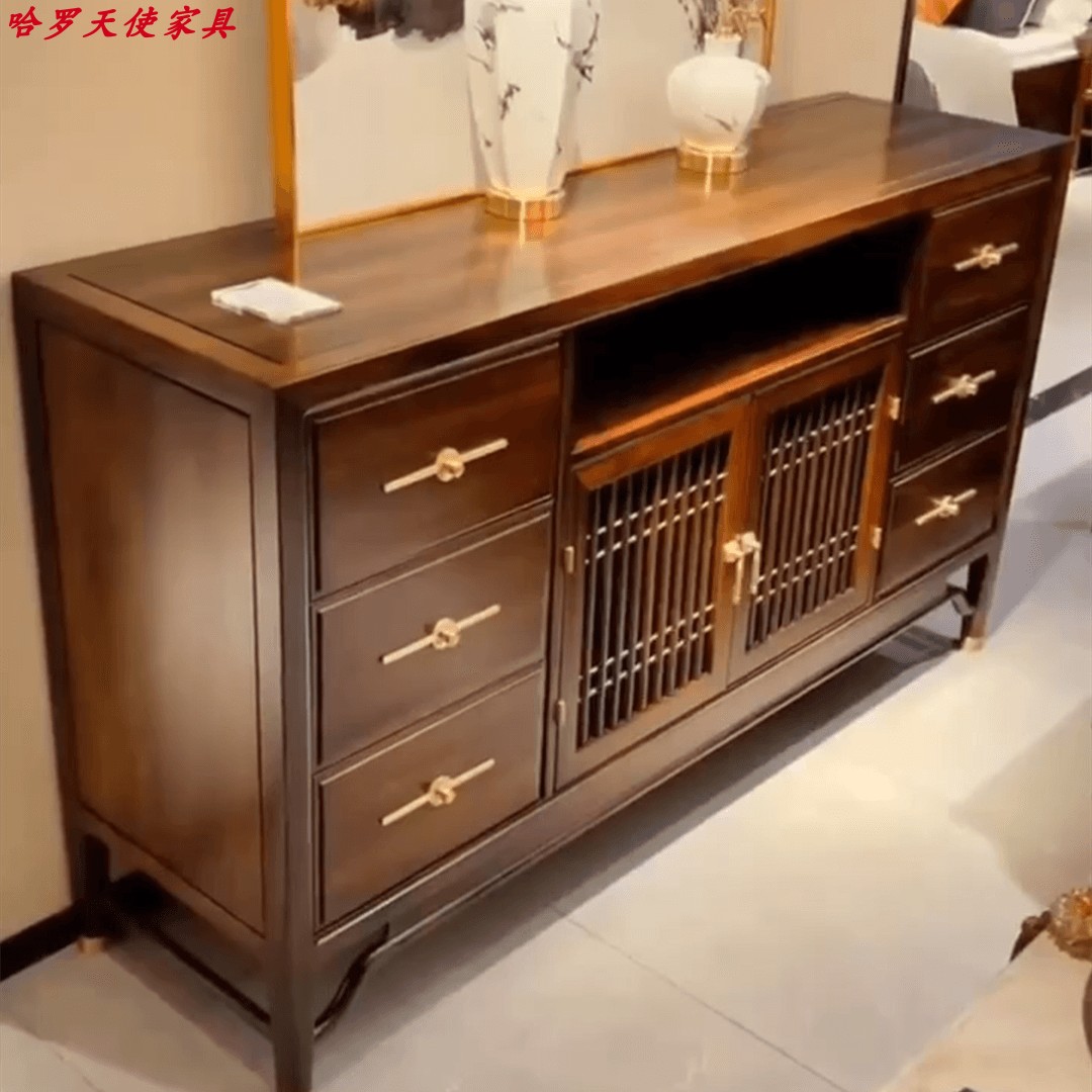 新中式乌金木实木餐边柜一体靠墙置物架厨房储物柜茶水柜收纳柜摆
