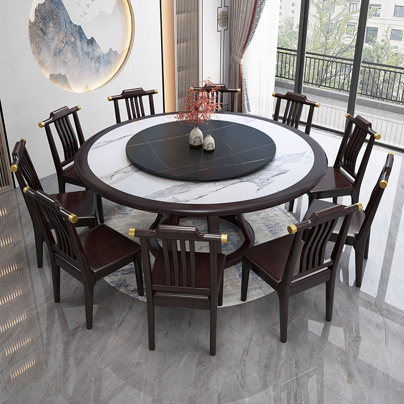 新中式岩板圆桌家用餐桌椅组合10人圆桌岩板1.8米吃饭圆餐桌子