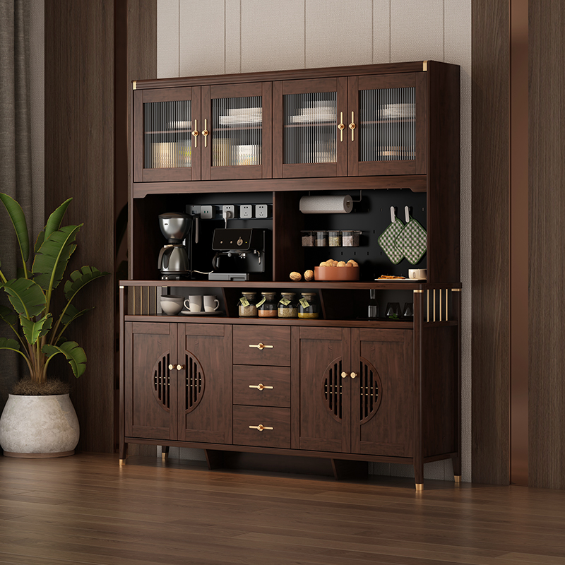 新中式餐边柜高柜一体靠墙酒柜客厅家用实木色厨房碗橱置物储物柜
