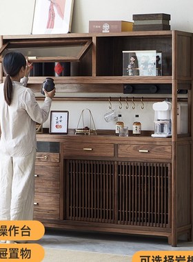 热销新中式实木餐边柜现代简约咖啡柜黑胡桃木柜子储物柜靠墙厨房