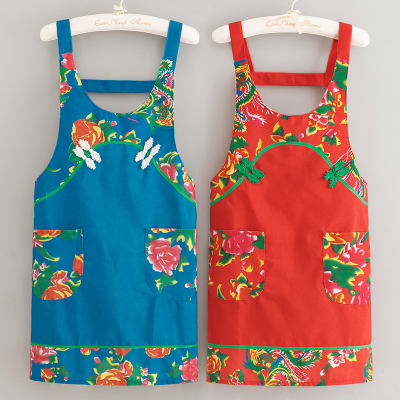 东北中式大花帆布围裙厨房专用成人男女同款防污耐磨工作服罩衣