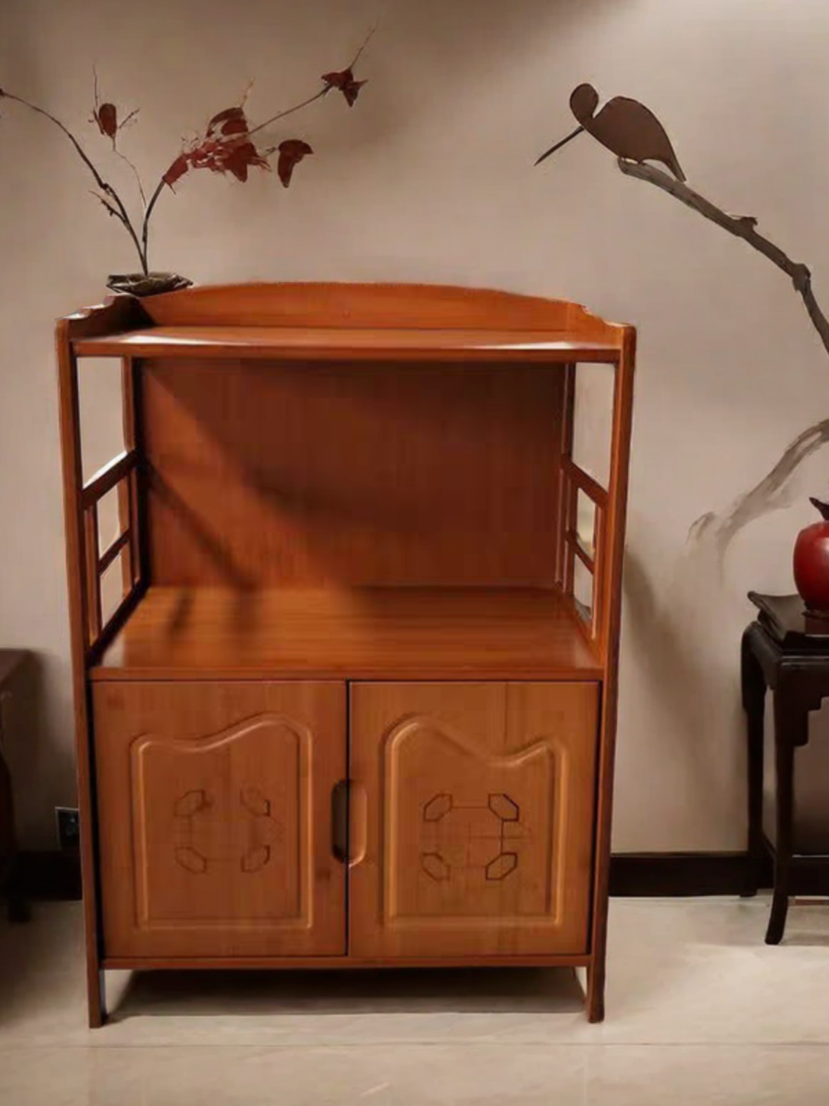 中式楠竹置物柜厨房餐边柜现代储物收纳厨柜碗柜微波炉茶水柜双门