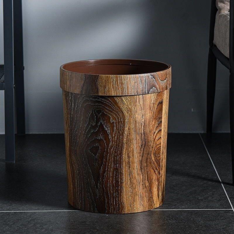 新中式复古仿木纹垃圾桶家用创意客厅厨房卫生间纸篓塑料压圈大。