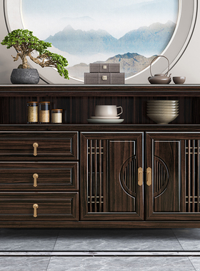 乌金木新中式实木餐边柜置物架客厅厨房家用轻奢靠墙储物茶边柜