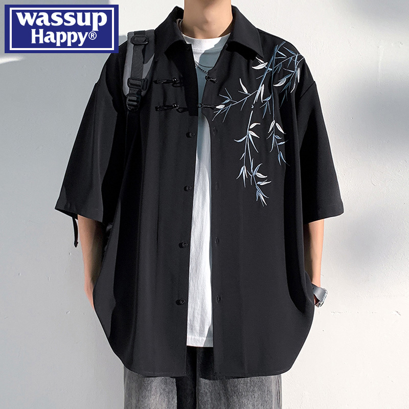 wassup happy新中式中国风短袖衬衫男夏季设计感竹子刺绣衬衣外套
