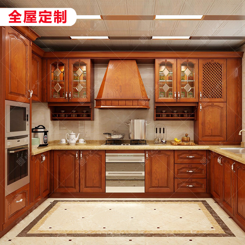红橡木纯实木橱柜美式全屋定制家具欧式中式藏式别墅整体厨房装修