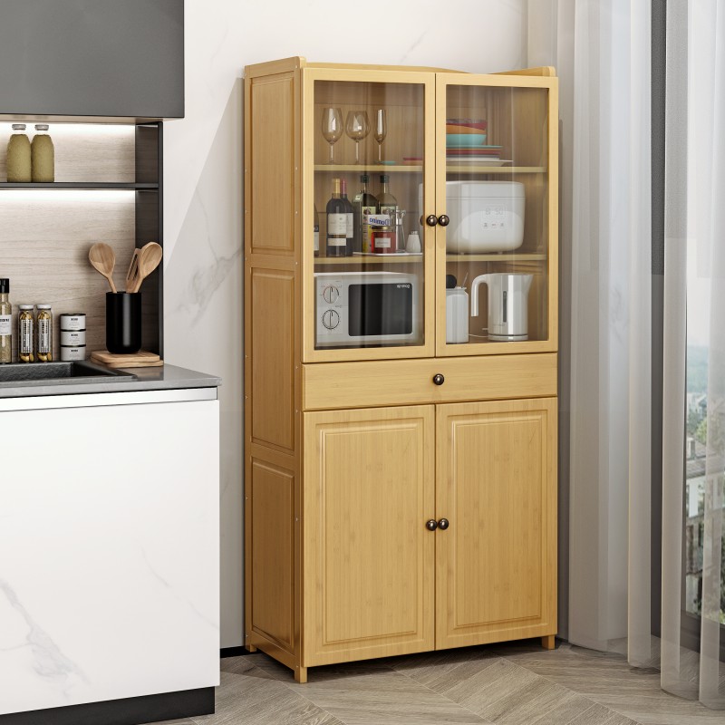 新款全竹碗柜家用厨房餐边柜透气储物柜实木橱柜微波炉置物架中式
