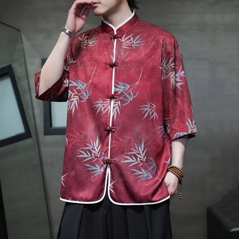 新中式夏季薄款冰丝唐装衬衫男士宽松大码盘扣汉服七分袖茶服短袖