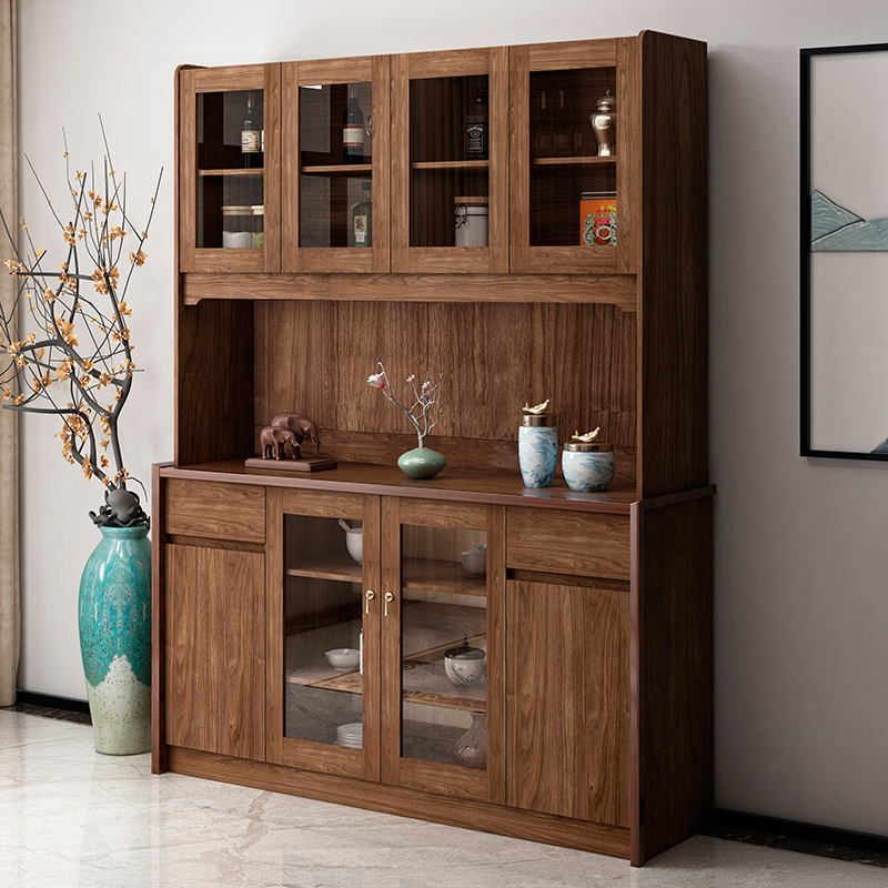 现代新中式餐边柜橱柜组装经济型茶水柜碗柜家用厨房酒柜实木边框