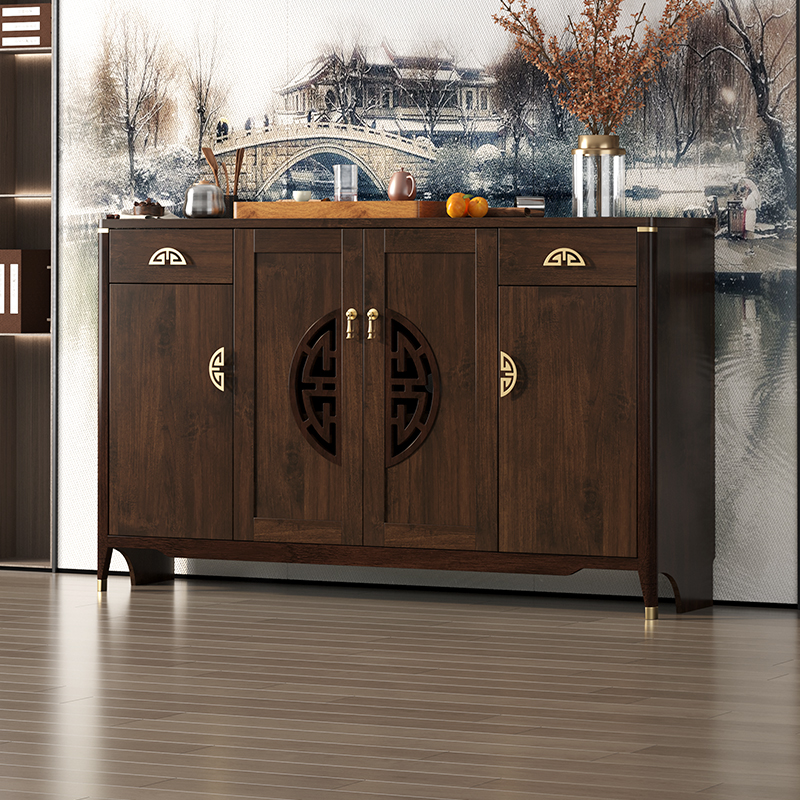 新中式餐边柜酒柜一体靠墙家用实木色碗柜客厅茶水柜子厨房储物柜