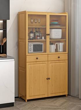 新款全竹碗柜家用厨房餐边柜透气储物柜实木橱柜微波炉置物架中式