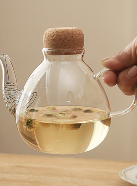 中式软木塞茶壶油壶玻璃壶功夫红茶加热日式水壶花茶耐热带过滤壶