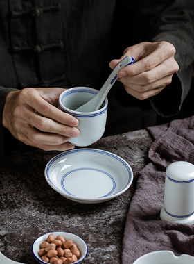 中式简约调羹长柄景德镇传统复古陶瓷家用商用加厚蓝边厨房小汤勺