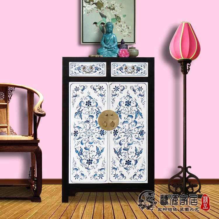 新中式实木古典门厅玄关门衣柜厨房专用白色彩绘青花餐边柜大鞋柜