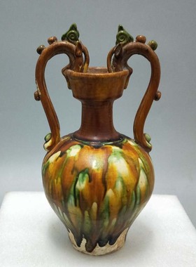唐三彩双龙瓶摆件 仿古陶器 古典工艺品 客厅家居饰品摆设 中式