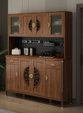 新中式餐边柜实木框储物柜厨房碗柜大容量置物柜客厅靠墙一体酒柜