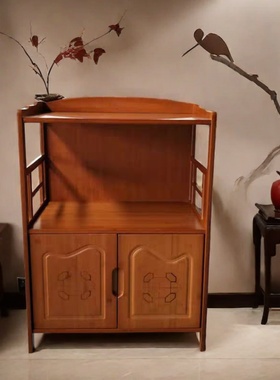 中式楠竹置物柜厨房餐边柜现代储物收纳厨柜碗柜微波炉茶水柜双门