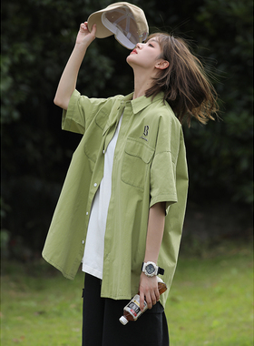 牛油果绿工装衬衫短袖日系半袖衬衣外套设计感小众大码男女装bf风