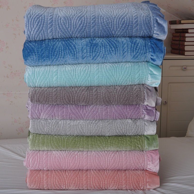 韩式新款纯色菲边短毛绒毯子床盖床单绒毯一面绒一面纯棉保暖纯色