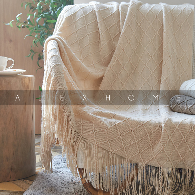 ALEX北欧复古菱格毛线毯子纯色针织毯床尾毯床搭沙发毯搭巾床尾巾