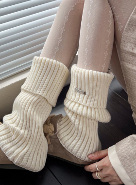 jk米白色袜套女秋冬加厚保暖咖色腿套羊毛中筒堆堆袜烟灰色小腿袜