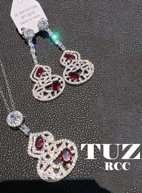 TUZI闪钻红彩宝石葫芦耳钉925银色耳环镂空花纹福禄锁骨项链人气