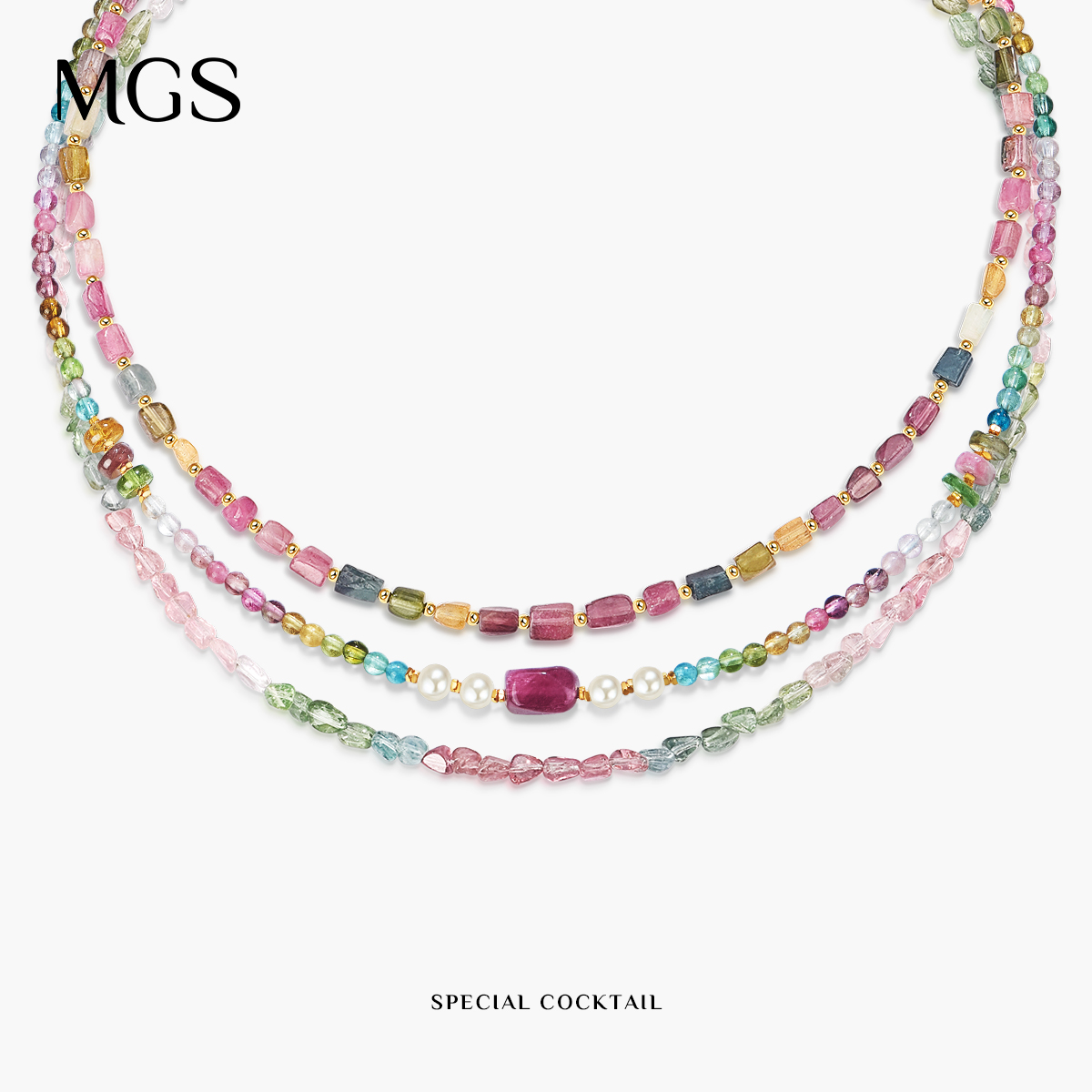 MGS/曼古银多巴胺新中式锁骨链彩虹方糖果色碧玺项链串珠水晶颈链