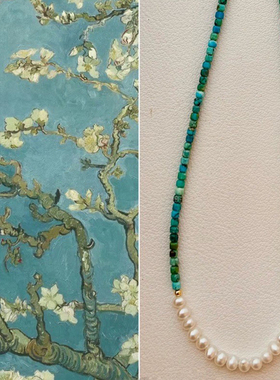 原创天然湖北高瓷绿松石方糖珠项链淡水珍珠新中式叠戴项链气质女
