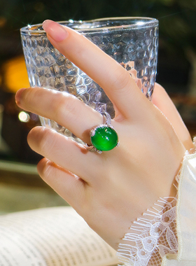 黛玥新品纯银镶天然玉石指环玛瑙玉髓戒指媲美翡翠阳绿个性时尚女