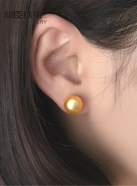 925纯银天然淡水珍珠粉耳钉金色珍珠耳环韩版时尚耳坠百搭耳饰品