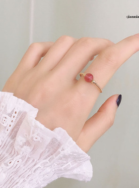 草莓晶戒指女食指指环开口网红ins潮冷淡风小众设计简约时尚个性