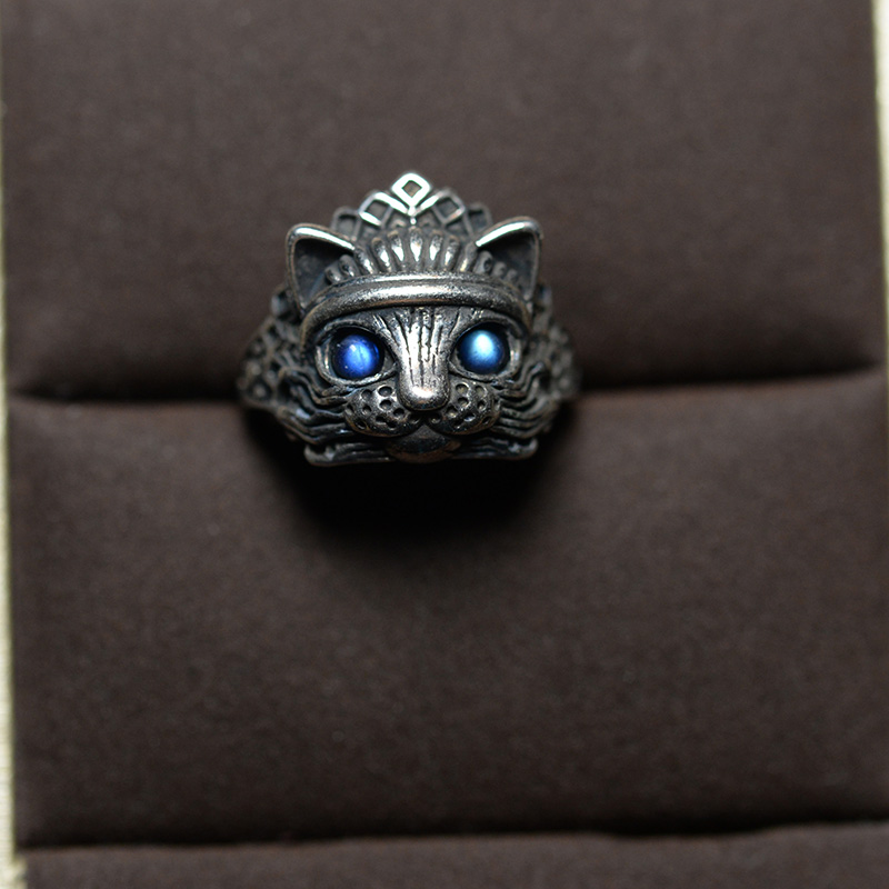 天然灰月光戒指尼泊尔拉长石印第安猫咪指环彩光蓝月光石男女饰品