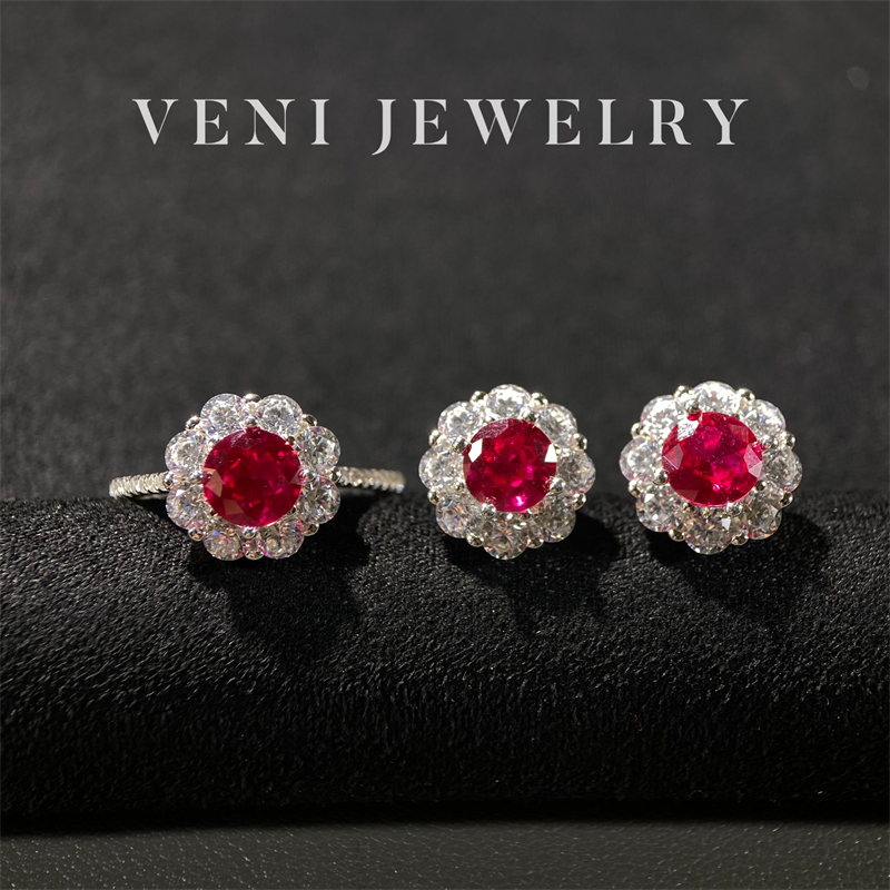 Veni珠宝 昭和少女 培育红宝石戒指耳钉项链三件套珠宝套装女H07