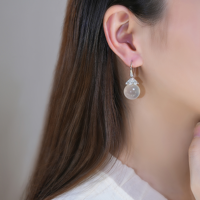 黛玥珠宝原创银镶天然玉髓耳钩媲美翡翠冰种圆珠耳坠时尚气质耳环