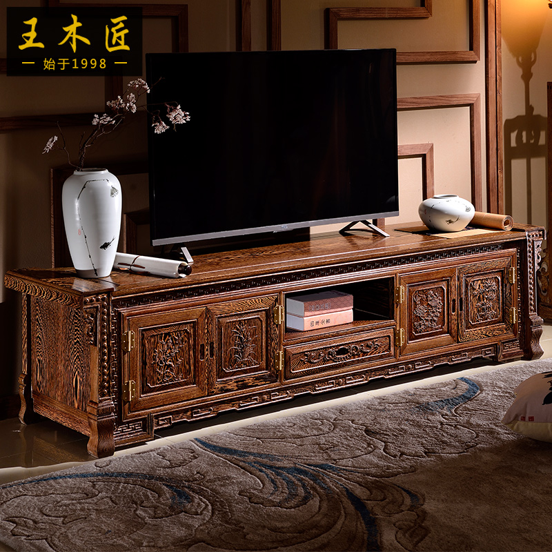 王木匠红木电视柜地柜中式古典整装四季花鸡翅木电视柜艺术免漆