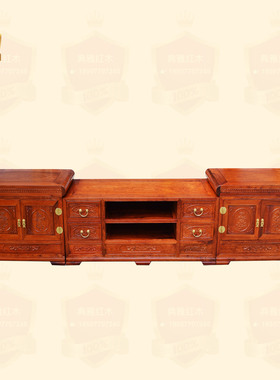 红木家具缅甸花梨木电视柜 客厅中式仿古经典款三节组合电视柜