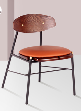 北欧轻奢皮艺餐椅家用现代咖啡厅实木椅创意简约复古餐厅靠背椅子