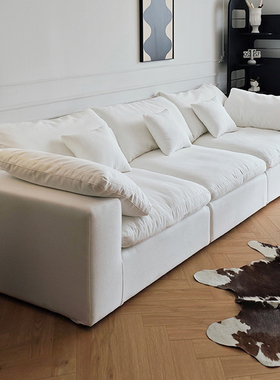 高级棉麻沙发直排式白色奶油系软云朵三人座亚麻布艺客厅组合家用